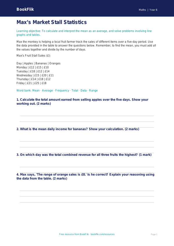 Free Statistics Activity Sheet | Year 6 Core | BookFlik worksheet preview — Maths Statistics
