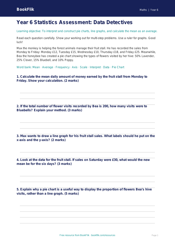 Free Statistics Assessment | Year 6 Core | BookFlik worksheet preview — Maths Statistics