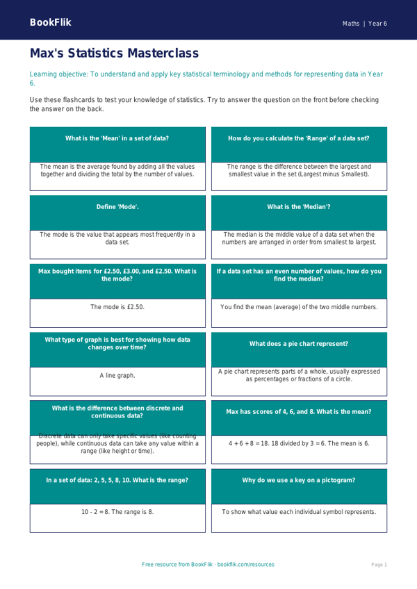 Free Statistics Flashcards | Year 6 Core | BookFlik worksheet preview — Maths Statistics