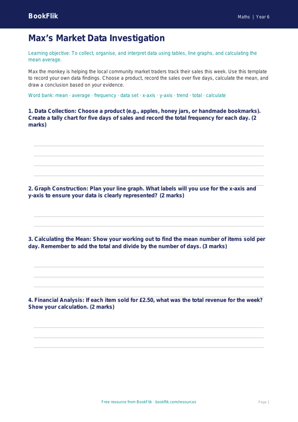 Free Statistics Template | Year 6 Core | BookFlik worksheet preview — Maths Statistics