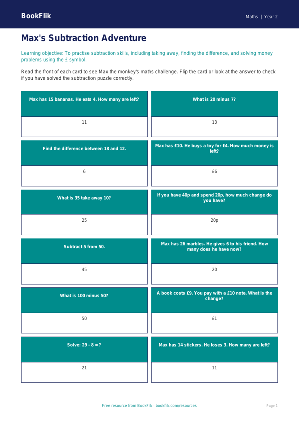 Free Subtraction Flashcards | Year 2 Core | BookFlik worksheet preview — Maths Subtraction