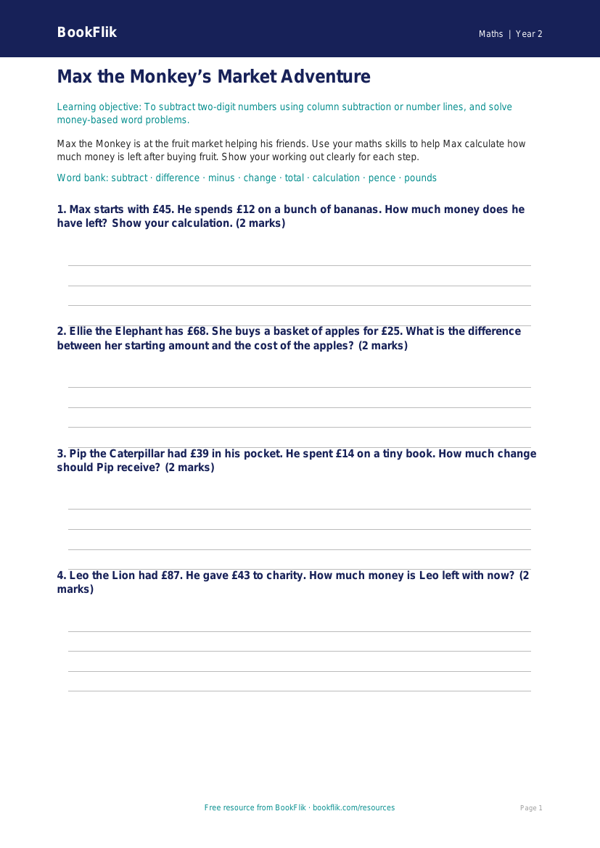 Free Subtraction Template | Year 2 Core | BookFlik worksheet preview — Maths Subtraction