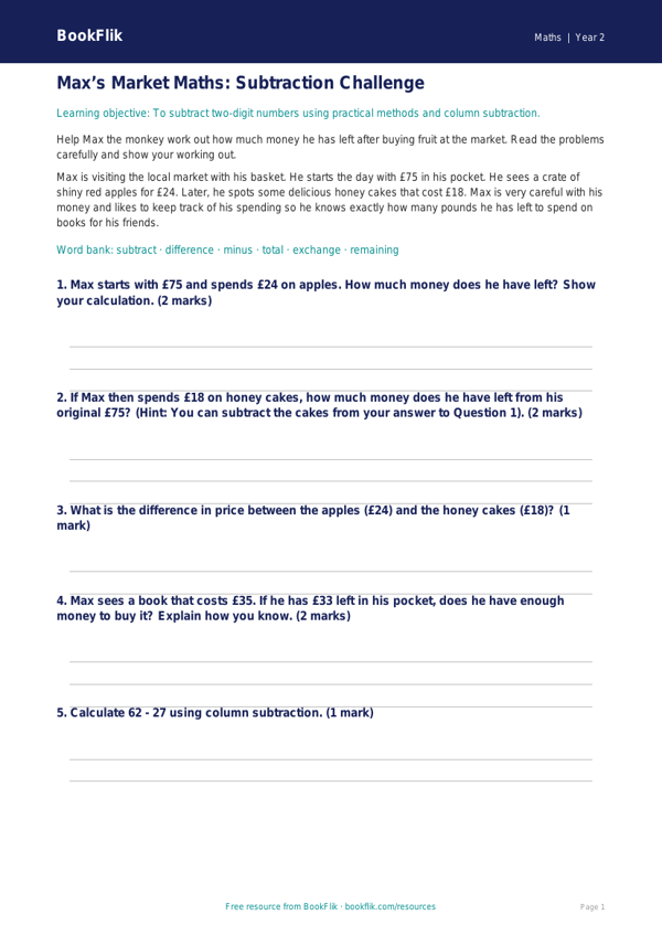 Free Subtraction Track Sheet | Year 2 Core | BookFlik worksheet preview — Maths Subtraction
