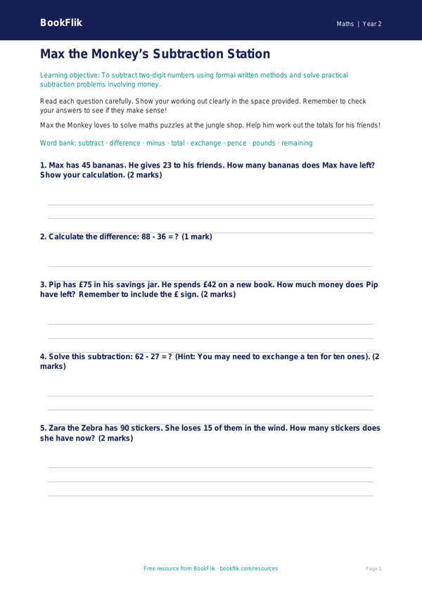 Free Subtraction Worksheet | Year 2 Core | BookFlik worksheet preview — Maths Subtraction