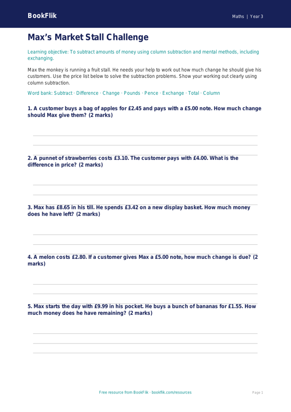 Free Subtraction Activity Sheet | Year 3 Core | BookFlik worksheet preview — Maths Subtraction