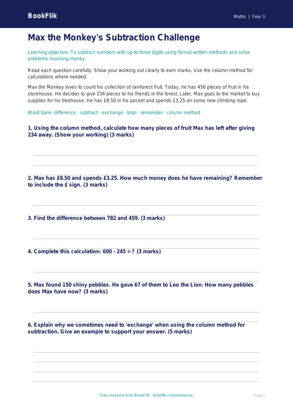 Free Subtraction Assessment | Year 3 Core | BookFlik worksheet preview — Maths Subtraction