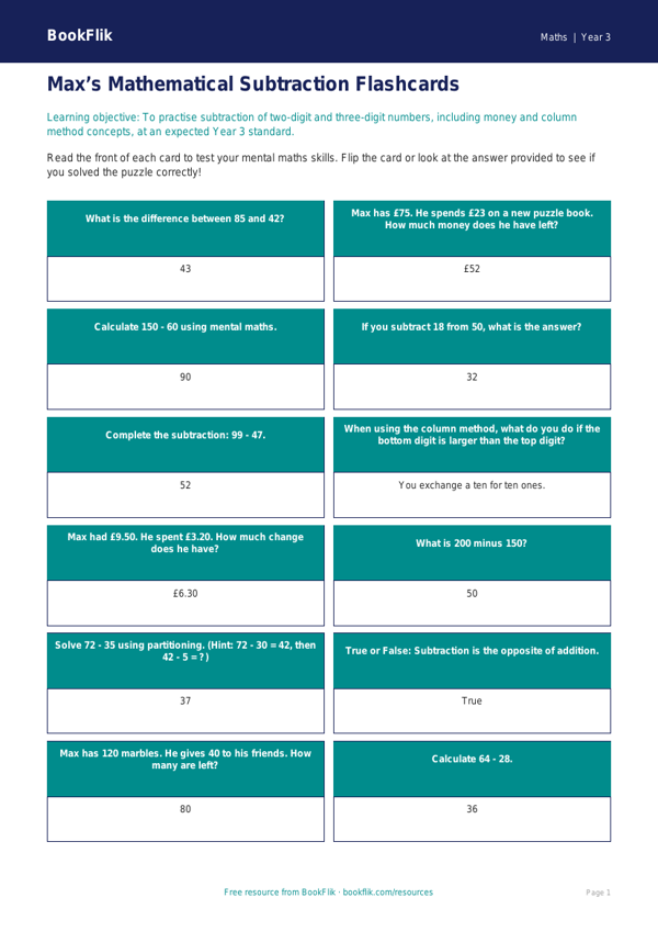 Free Subtraction Flashcards | Year 3 Core | BookFlik worksheet preview — Maths Subtraction