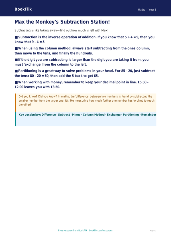 Free Subtraction Poster | Year 3 Core | BookFlik worksheet preview — Maths Subtraction