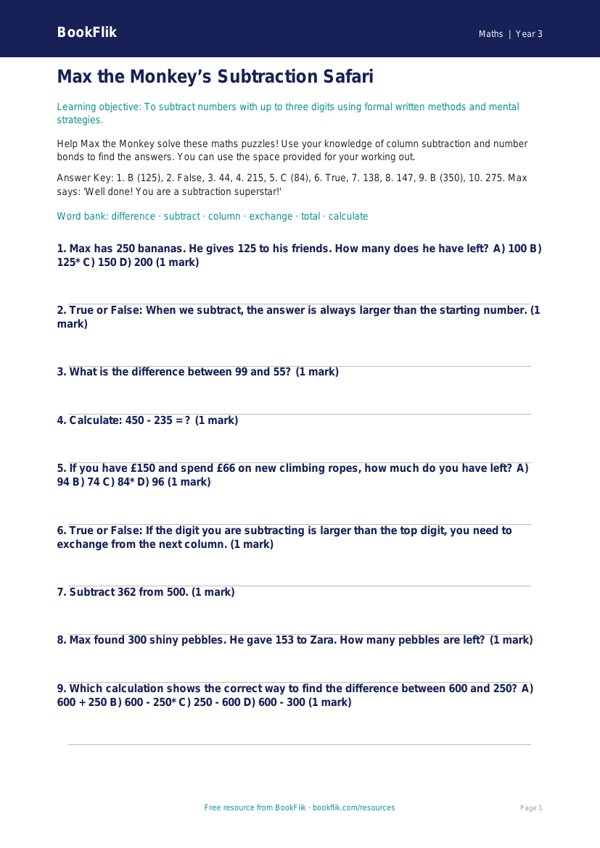 Free Subtraction Quiz | Year 3 Core | BookFlik worksheet preview — Maths Subtraction