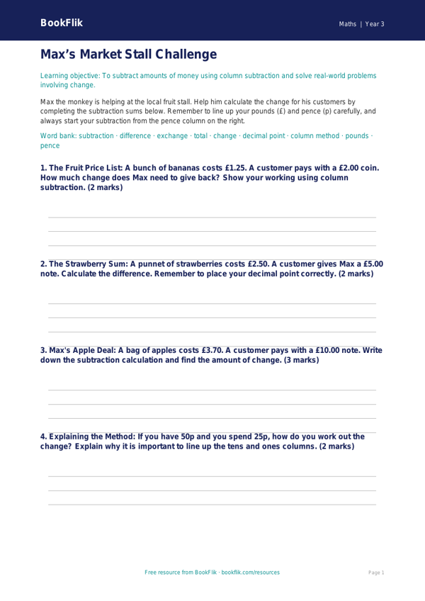 Free Subtraction Template | Year 3 Core | BookFlik worksheet preview — Maths Subtraction