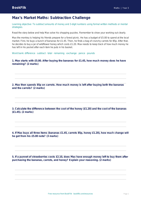 Free Subtraction Track Sheet | Year 3 Core | BookFlik worksheet preview — Maths Subtraction