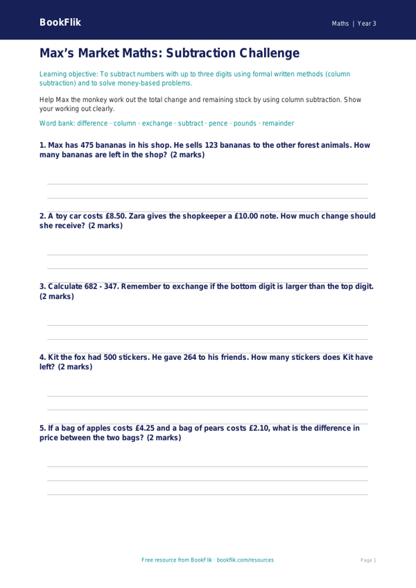 Free Subtraction Worksheet | Year 3 Core | BookFlik worksheet preview — Maths Subtraction