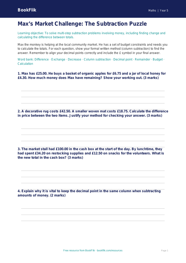 Free Subtraction Activity Sheet | Year 5 Greater Depth | BookFlik worksheet preview — Maths Subtraction