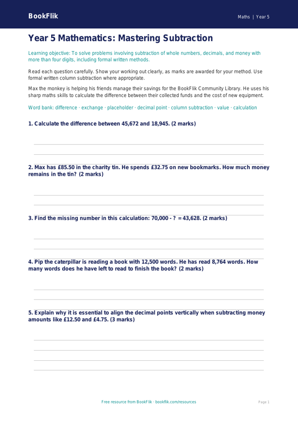 Free Subtraction Assessment | Year 5 Greater Depth | BookFlik worksheet preview — Maths Subtraction