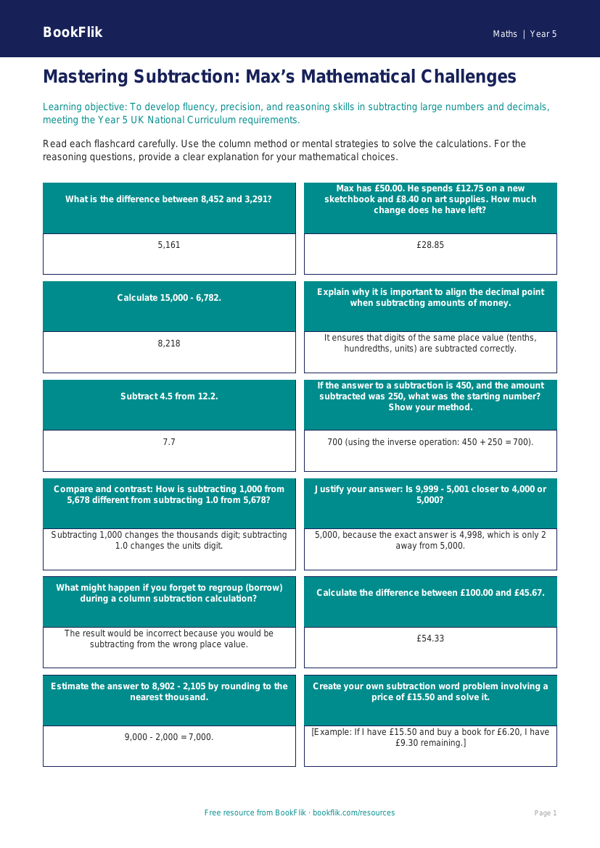 Free Subtraction Flashcards | Year 5 Greater Depth | BookFlik worksheet preview — Maths Subtraction