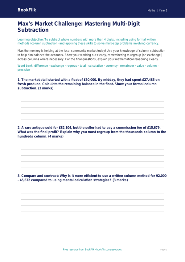 Free Subtraction Template | Year 5 Greater Depth | BookFlik worksheet preview — Maths Subtraction