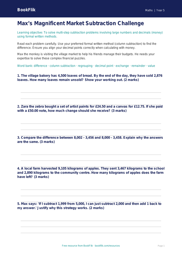 Free Subtraction Worksheet | Year 5 Greater Depth | BookFlik worksheet preview — Maths Subtraction
