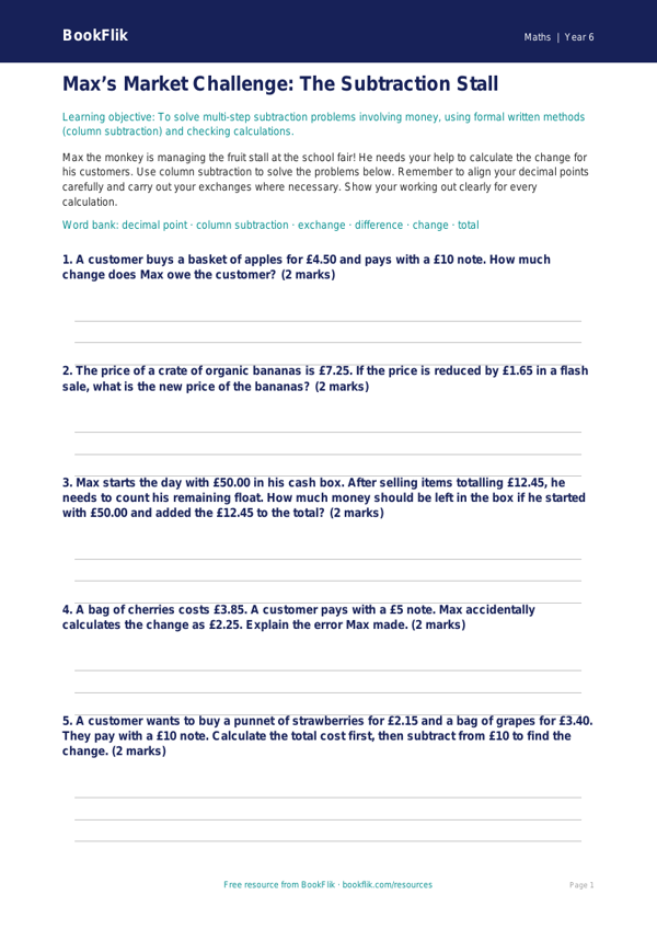Free Subtraction Activity Sheet | Year 6 Core | BookFlik worksheet preview — Maths Subtraction