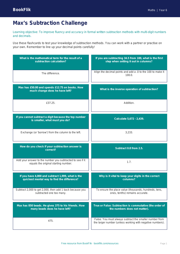 Free Subtraction Flashcards | Year 6 Core | BookFlik worksheet preview — Maths Subtraction