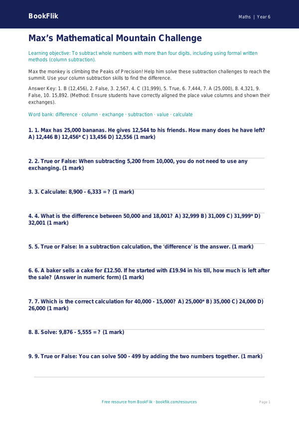 Free Subtraction Quiz | Year 6 Core | BookFlik worksheet preview — Maths Subtraction