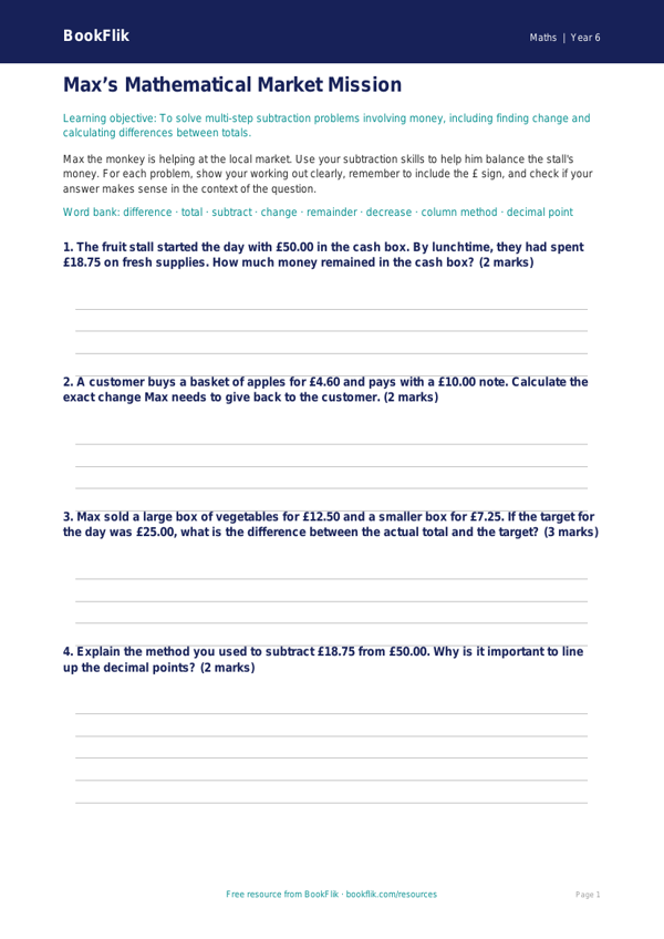 Free Subtraction Template | Year 6 Core | BookFlik worksheet preview — Maths Subtraction