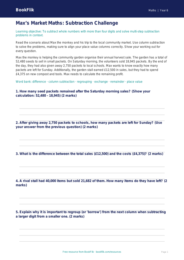 Free Subtraction Track Sheet | Year 6 Core | BookFlik worksheet preview — Maths Subtraction