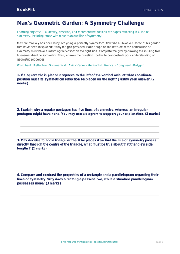 Free Symmetry Activity Sheet | Year 5 Greater Depth | BookFlik worksheet preview — Maths Symmetry