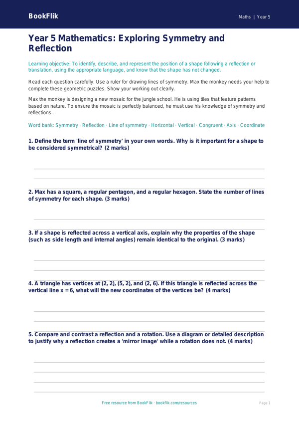 Free Symmetry Assessment | Year 5 Greater Depth | BookFlik worksheet preview — Maths Symmetry