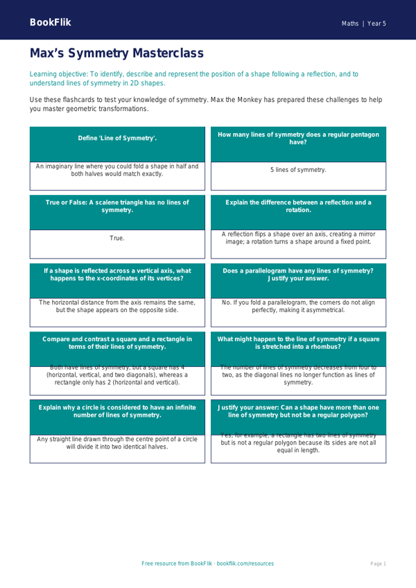 Free Symmetry Flashcards | Year 5 Greater Depth | BookFlik worksheet preview — Maths Symmetry