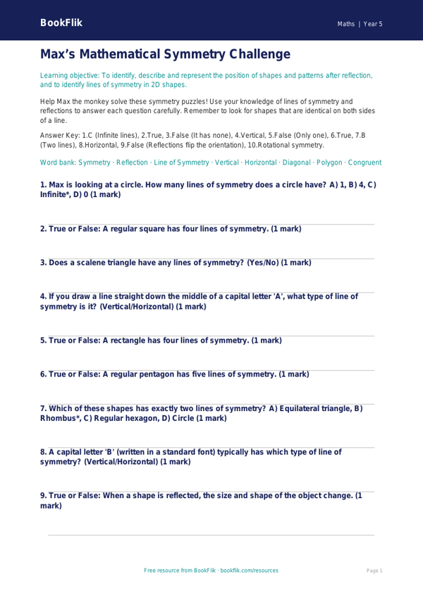 Free Symmetry Quiz | Year 5 Greater Depth | BookFlik worksheet preview — Maths Symmetry