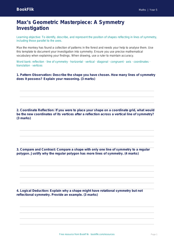 Free Symmetry Template | Year 5 Greater Depth | BookFlik worksheet preview — Maths Symmetry