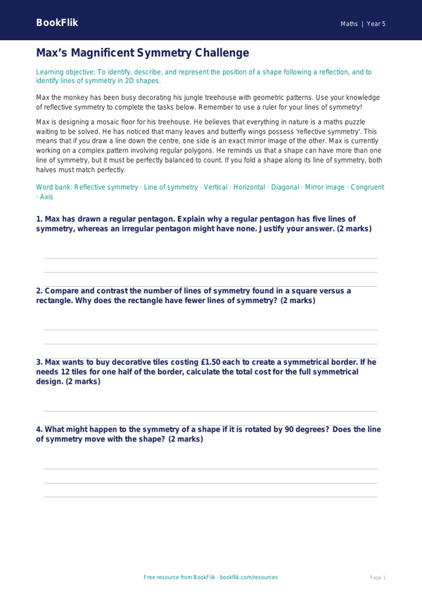 Free Symmetry Track Sheet | Year 5 Greater Depth | BookFlik worksheet preview — Maths Symmetry