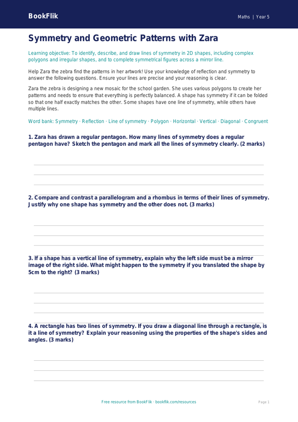 Free Symmetry Worksheet | Year 5 Greater Depth | BookFlik worksheet preview — Maths Symmetry