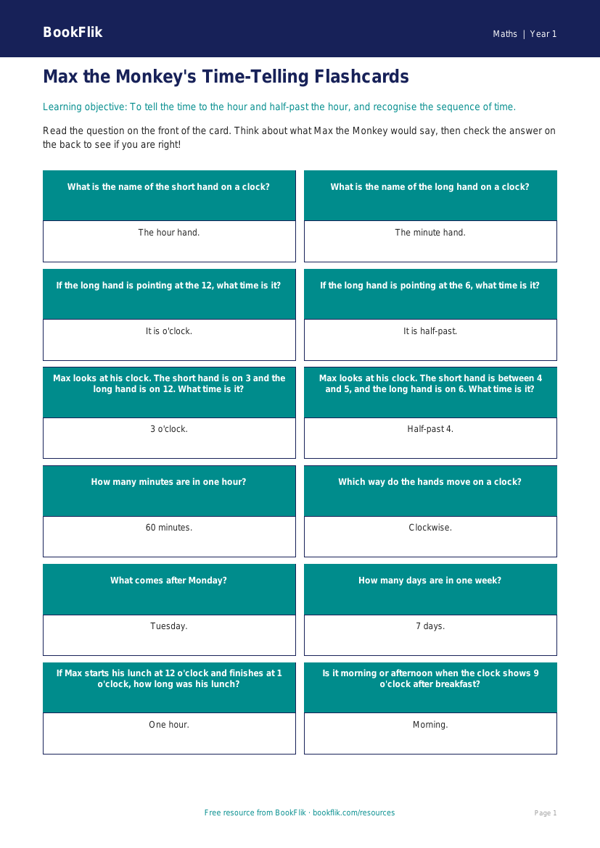 Free Time Flashcards | Year 1 Core | BookFlik worksheet preview — Maths Time