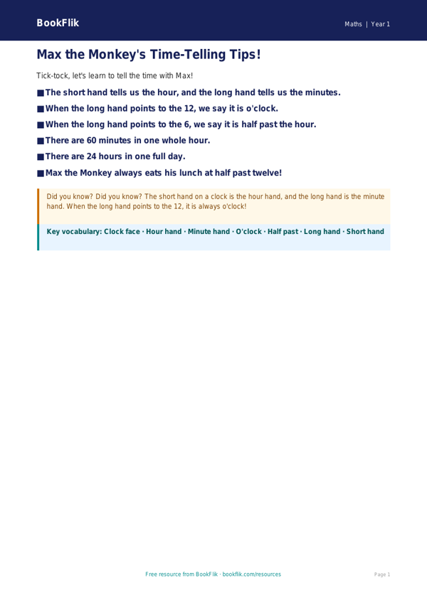 Free Time Poster | Year 1 Core | BookFlik worksheet preview — Maths Time
