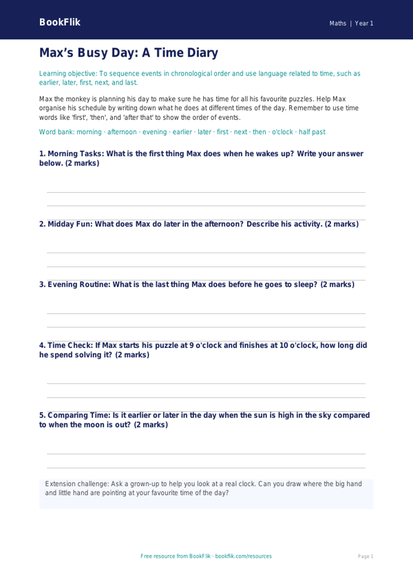 Free Time Template | Year 1 Core | BookFlik worksheet preview — Maths Time