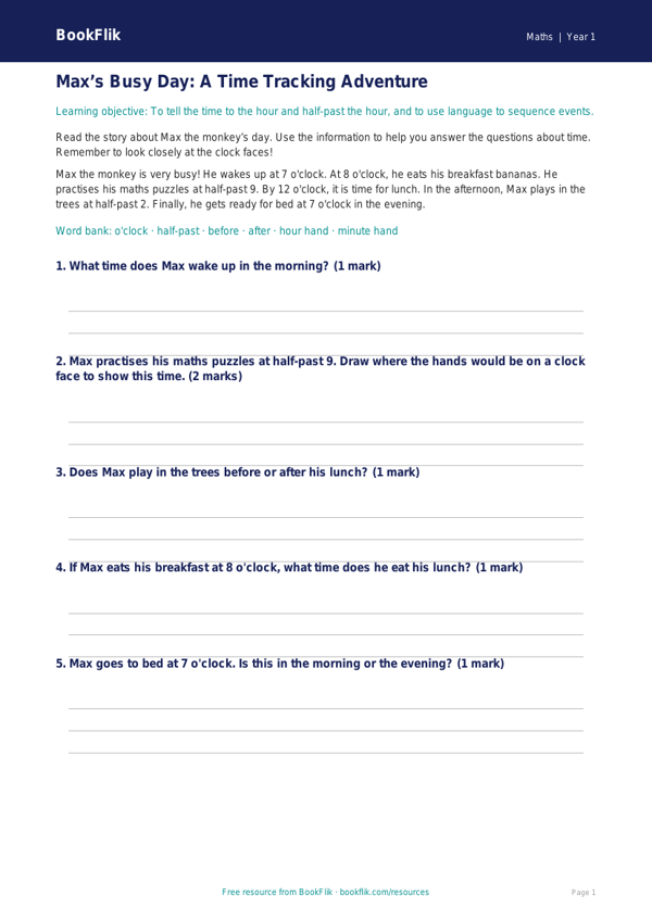 Free Time Track Sheet | Year 1 Core | BookFlik worksheet preview — Maths Time