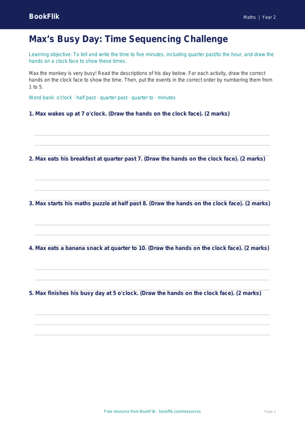 Free Time Activity Sheet | Year 2 Core | BookFlik worksheet preview — Maths Time