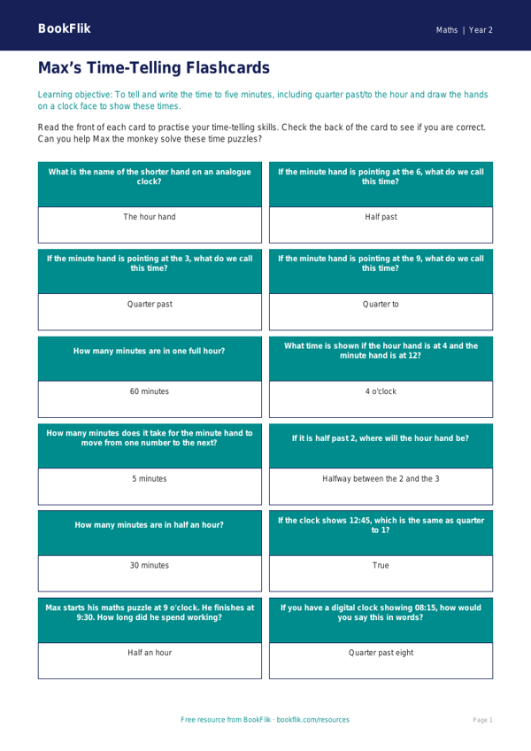 Free Time Flashcards | Year 2 Core | BookFlik worksheet preview — Maths Time