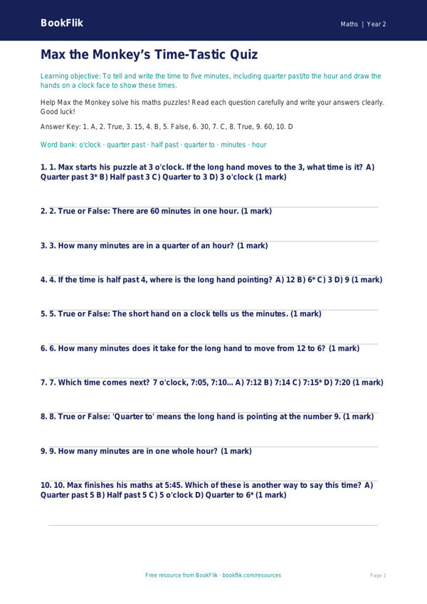 Free Time Quiz | Year 2 Core | BookFlik worksheet preview — Maths Time