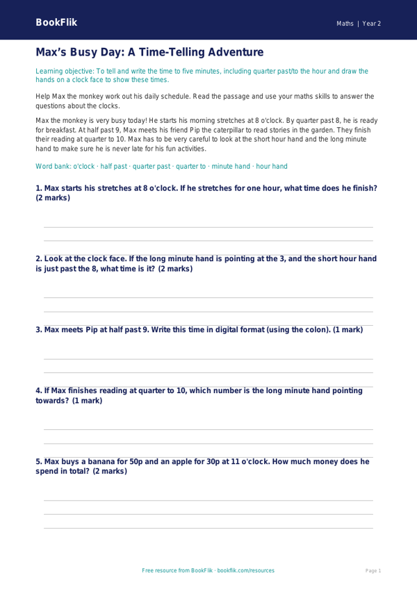 Free Time Track Sheet | Year 2 Core | BookFlik worksheet preview — Maths Time