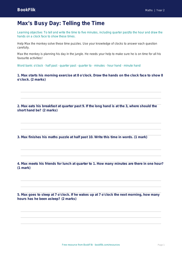 Free Time Worksheet | Year 2 Core | BookFlik worksheet preview — Maths Time