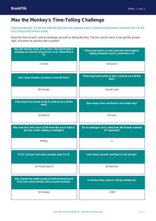 Free Time Flashcards | Year 3 Core | BookFlik worksheet preview — Maths Time