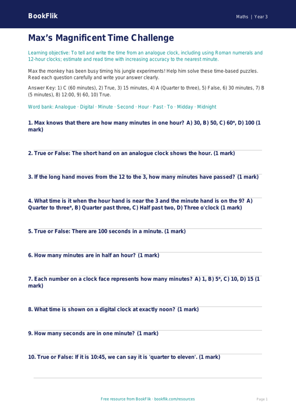 Free Time Quiz | Year 3 Core | BookFlik worksheet preview — Maths Time