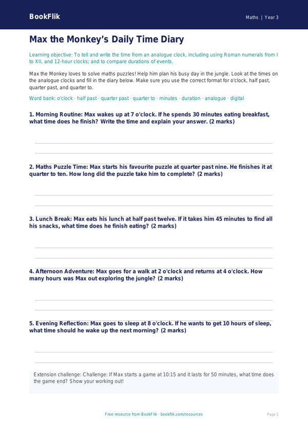 Free Time Template | Year 3 Core | BookFlik worksheet preview — Maths Time