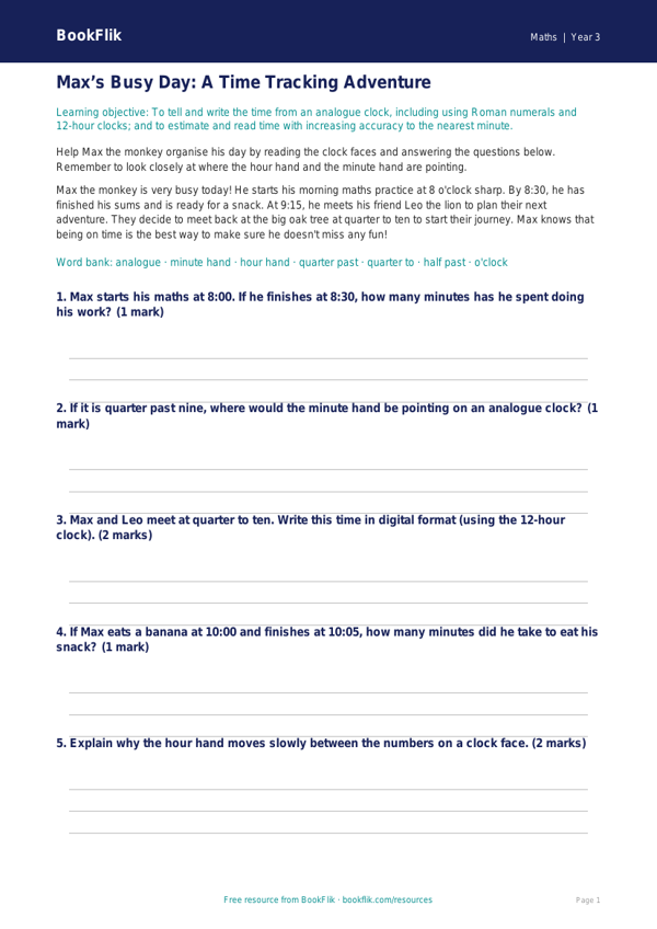 Free Time Track Sheet | Year 3 Core | BookFlik worksheet preview — Maths Time