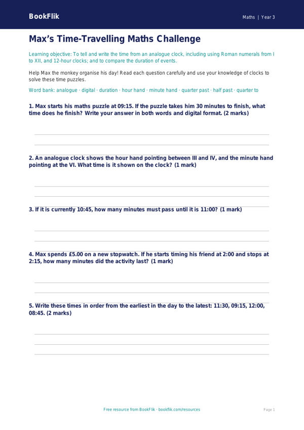 Free Time Worksheet | Year 3 Core | BookFlik worksheet preview — Maths Time