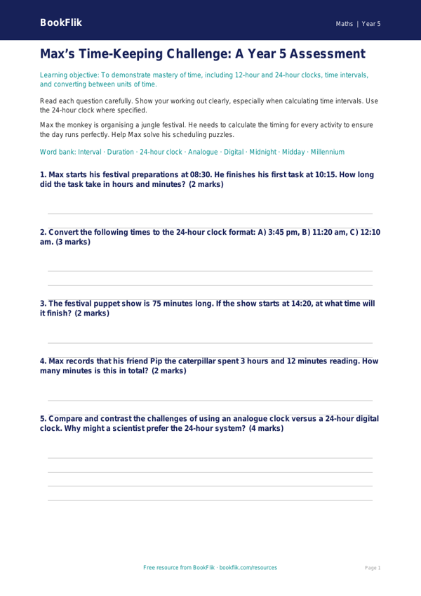 Free Time Assessment | Year 5 Greater Depth | BookFlik worksheet preview — Maths Time