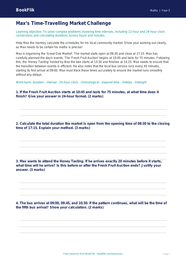 Free Time Track Sheet | Year 5 Greater Depth | BookFlik worksheet preview — Maths Time