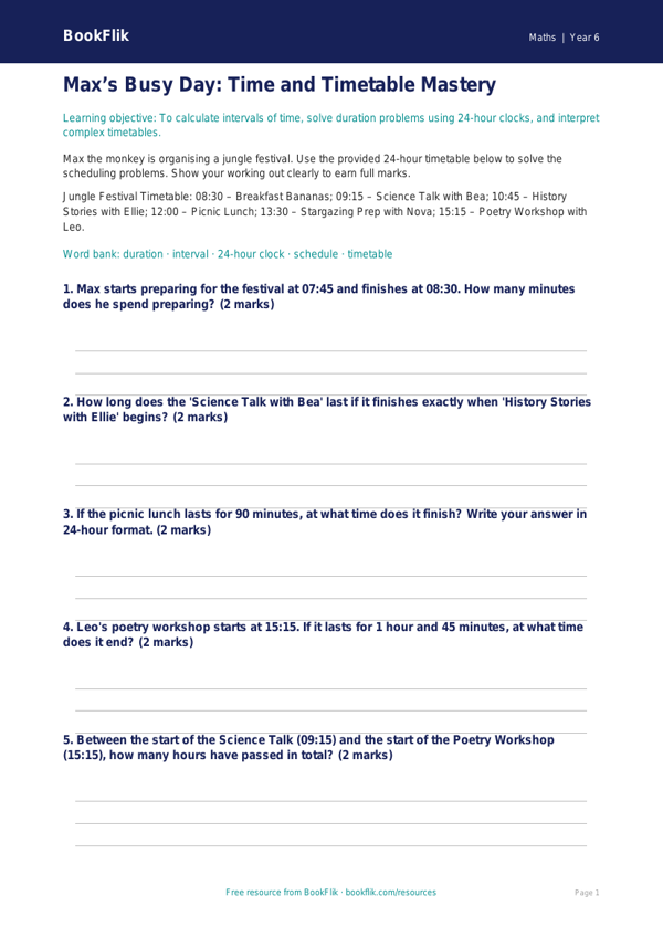 Free Time Activity Sheet | Year 6 Core | BookFlik worksheet preview — Maths Time